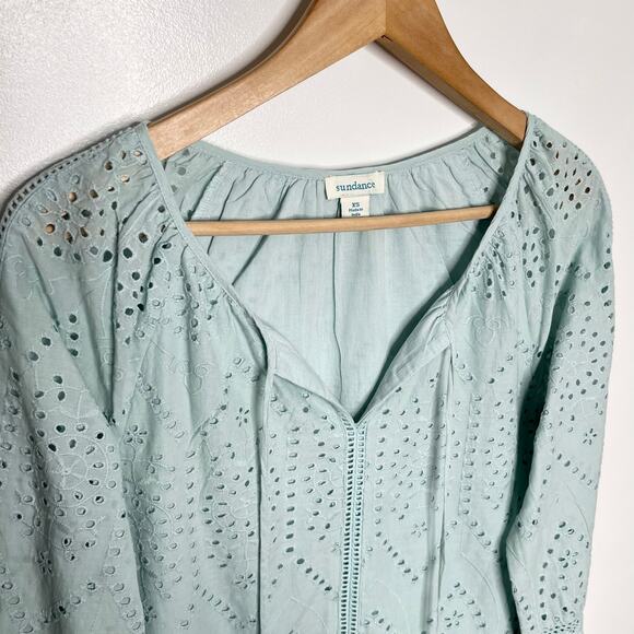 Sundance Womens Coastland Dress XS Aqua Eyelet Boho Cotton Peasant Tasseled - Picture 5 of 9